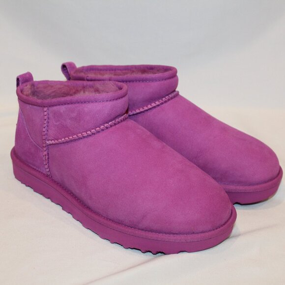 NIB UGG WOMEN'S ULTRA MINI SUEDE SHEARLING LINED BOOTS BRIGHT‎ PINK - Picture 3 of 9